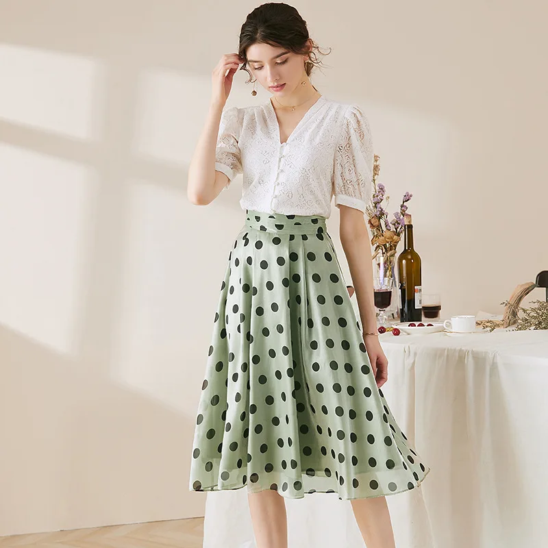 

2020 Summer French Sweet Elegant Temperament Lace Shirt Tops And Matching Ploka Printed Satin Skirt Suit 2 Piece Set Women
