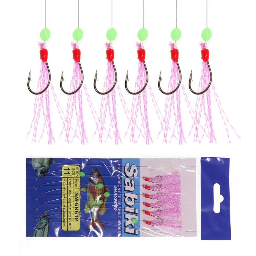 6pcs/lot Saltwater Luminous Fishing Lures Sabiki Rig Carbon Steel String  Hooks Long Wire Colored Flash Artificial Bait #7-#15