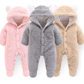 

New Babies Warm Rompers Boys Newborn Baby Cartoon Hooded Jumpsuits Autumn Winter Toddler Plush Boy Overalls Velvet Clothing Girl