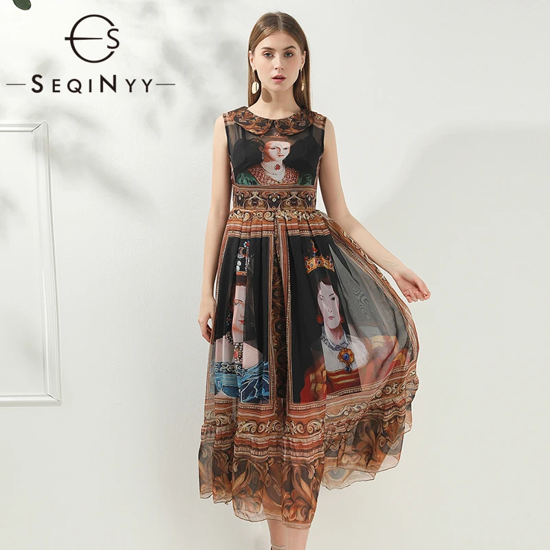 SEQINYY шифоновое платье Лето Весна модный дизайн женское элегантное винтажное платье миди с принтом