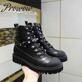 

Ollymurs High Quality Genuine Leather Round Toe Slip On Ankle Boots Studded Lace Up Luxury Brand Shoes Women