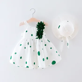 

Summer New Casual Baby Dress+hat Cotton Print Flower Dot Sleeveless Infant Girl Dresses Toddler Baby Girls Appliques Clothes