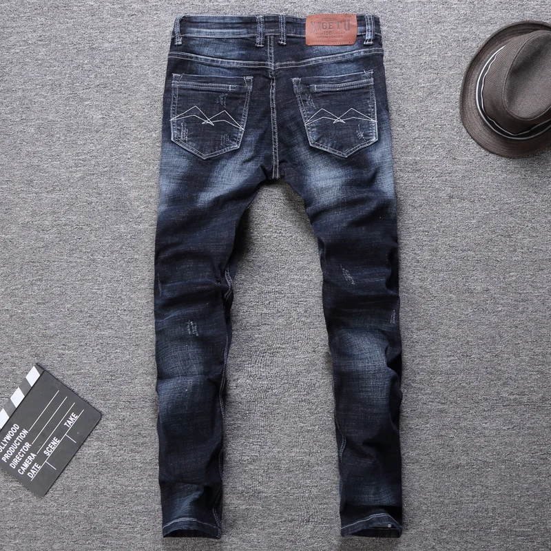 Итальянский Стиль модные мужские джинсы цвет: черный, синий Цвет Slim Fit Винтаж дизайнерские Рваные джинсы Для мужчин Уличная классический, в ретро стиле, джинсы
