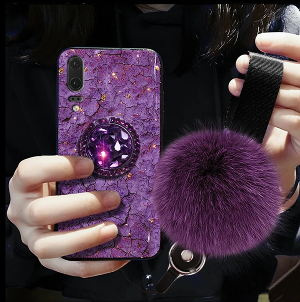 Phone Case For Huawei P30 20 10 8 9 Pro Plus Lite Diamond Ring Holder Epoxy Foil Marbling With Real Fox Fur Wrist Strap Cover | Мобильные
