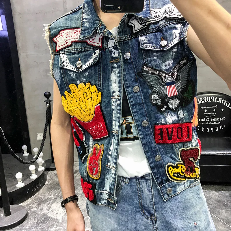 

New Style Embroidered Skeleton Skull Head Slim Fit Cowboy MEN'S Waistcoat Korean-style Sleeveless Cowboy Male Vest Men's Waistco
