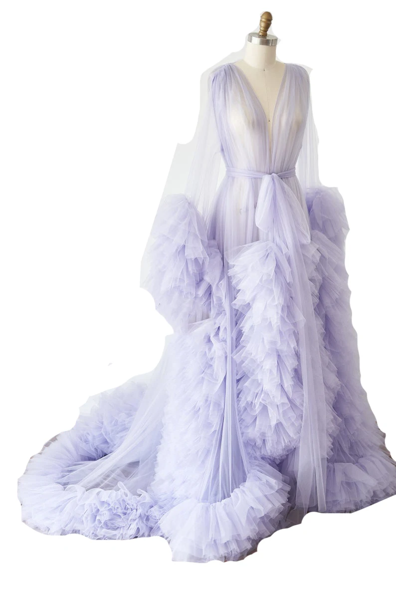 Bathrobe for Women Sky Blue Feather Full Length Lingerie Nightgown Pajamas Sleepwear Women\'s Luxury Gowns Housecoat Nightwear