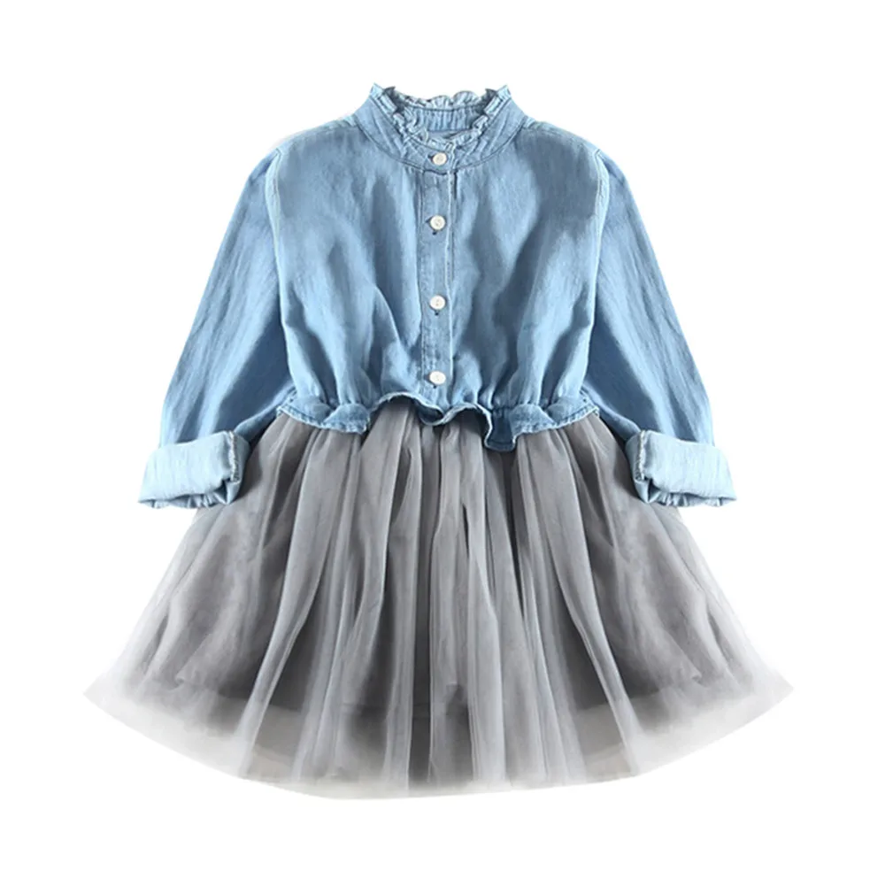 Toddler Kids Dresses Girls Cotton Casual Tops Denim Spring Dress Long Sleeve Solid Soft Princess Tutu Dress Cowboy Clothes Dress