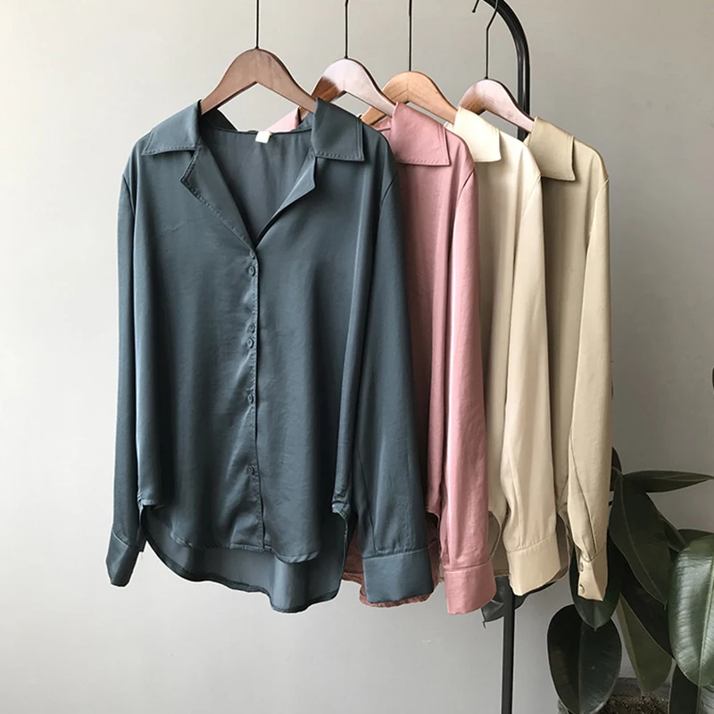 

HLHPYHB Female Retro Silky Satin Blouse Korean Shiny Loose Turn-back Collar Base Shirt Woman Solid Tops Spring Autumn Blusas