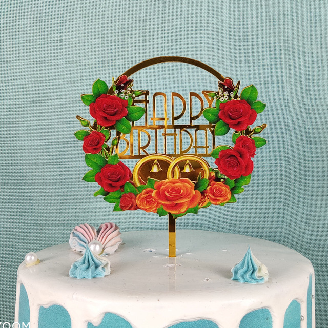 Flowers Happy Birthday Cake Topper Gold Colored Printing Acrylic Cake Topper For Kids Girls Birthday Party Cake Decorations