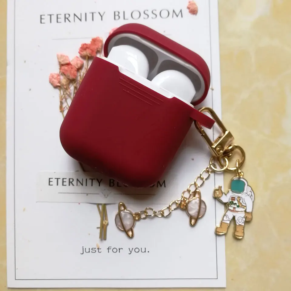 wine red Силиконовый чехол с космическим космонавтом для Apple Airpods 1, 2, аксессуары, защитный чехол, сумка, чехол для наушников, брелок для ключей - Цвет: wine red