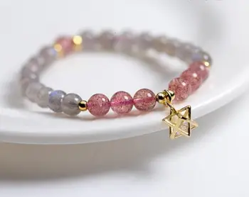 

100% 6mm real. 925 Sterling silver Fine Jewelry Natural Strawberry Quartz Stone&Moonstone Golden Geometric Star Bracelet GTLS566