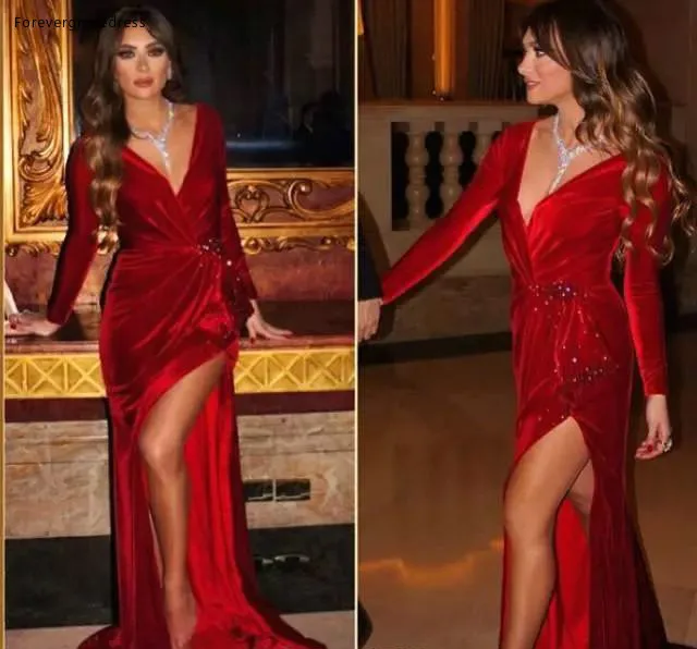 Arabic Sexy Red Deep V Neck Long Sleeves Velvet Evening Dresses Ruched Split Beaded Floor Length Party Prom Gowns  129