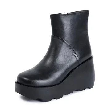 

SWONCO Warm Shoes Woman Martin Boots Leather Woman Winter Boot 2019 Female Wedge Shoes For Woman Velvet Fur Ankle Boots Platform