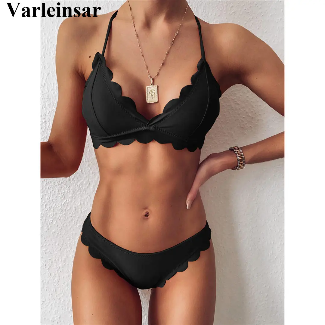 2020 Scalloped Mid Waist Bikini Female Swimsuit Women Swimwear Two-pieces Bikini set Halter Bather Bathing Suit Swim Lady V2446 2020 Scalloped Mid Waist Bikini Female Swimsuit Women Swimwear Two-pieces Bikini set Halter Bather Bathing Suit Swim Lady V2446