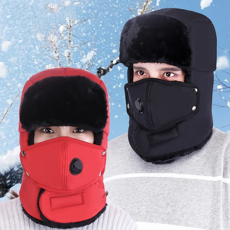 

Winter Unisex Warm Hat Plus Velvet Thicker Bomber Hats With A Mask Outdoor Cycling Resist Snow Cap Ear Protection Ski Hat