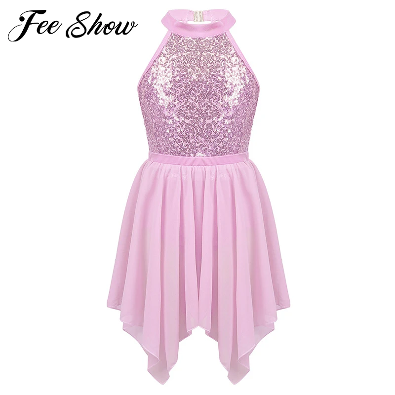 

Kids Sequined Ballet Leotard with Irregular Chiffon Skirt Set Girls Figure Ice Skating Dress for Performance Competition Costume