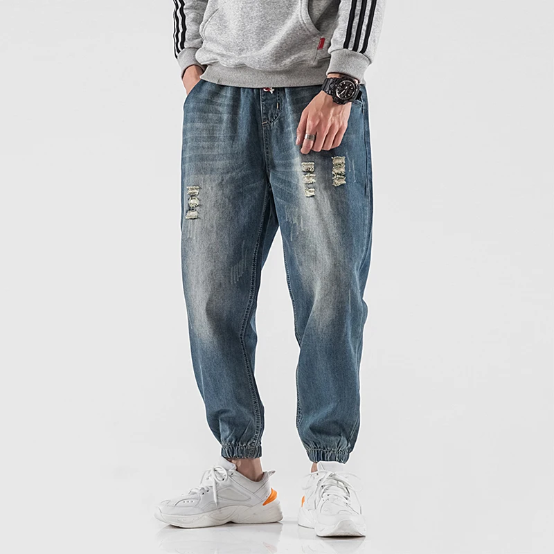 

Harlan Jeans Men Fashion Washed Casual Drawstring Denim Trousers Streetwear Wild Hip Hop Loose Hole Jeans Pants Male Clothes