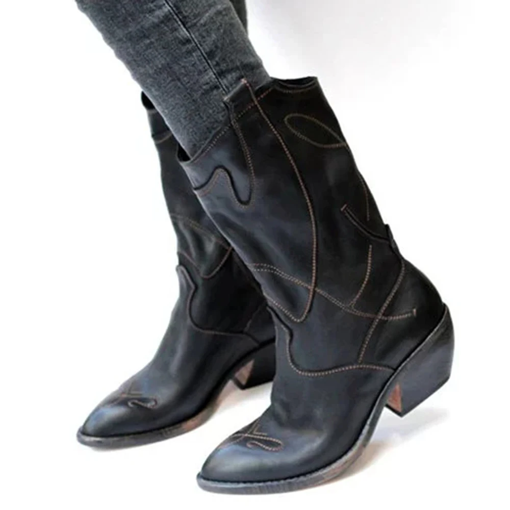 PUIMENTIUA/новые женские кожаные женские ковбойские ботинки; обувь на низком каблуке; женские сапоги до колена; классические ковбойские ботинки с вышивкой в ковбойском стиле