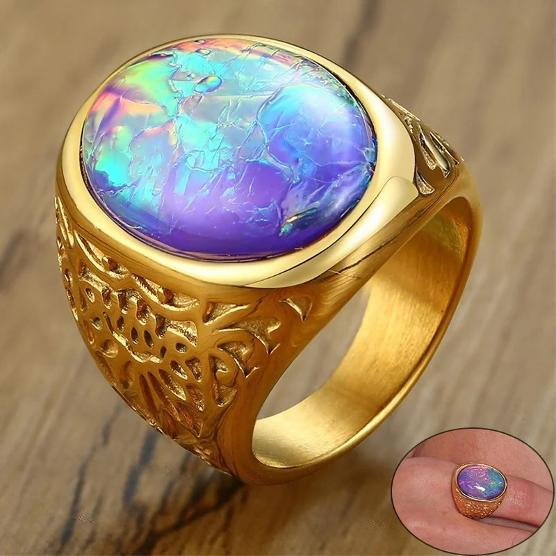 Vnox Stylish Mens Opal Ring Bright Colorful Solitaire Oval Stone Male Jewelry Stainless Steel Anel Alliance Accessory