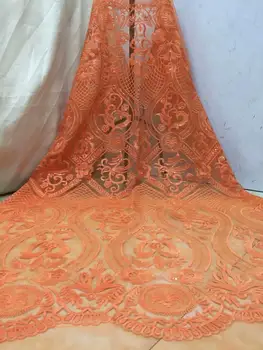 

New orange 100% Cotton Lace Fabrics High Quality sequins Embroidery Swiss Voile Lace fabric Nigerian Man Plaid Perforated FD811