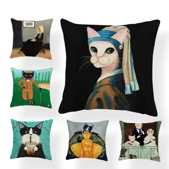 

Hairy Funny Pillowcase Cat Leaves Flowers Cartoon Throw Pillow Living Room Decoration Sofa 45*45Cm Polyester Linen Cushion Cover