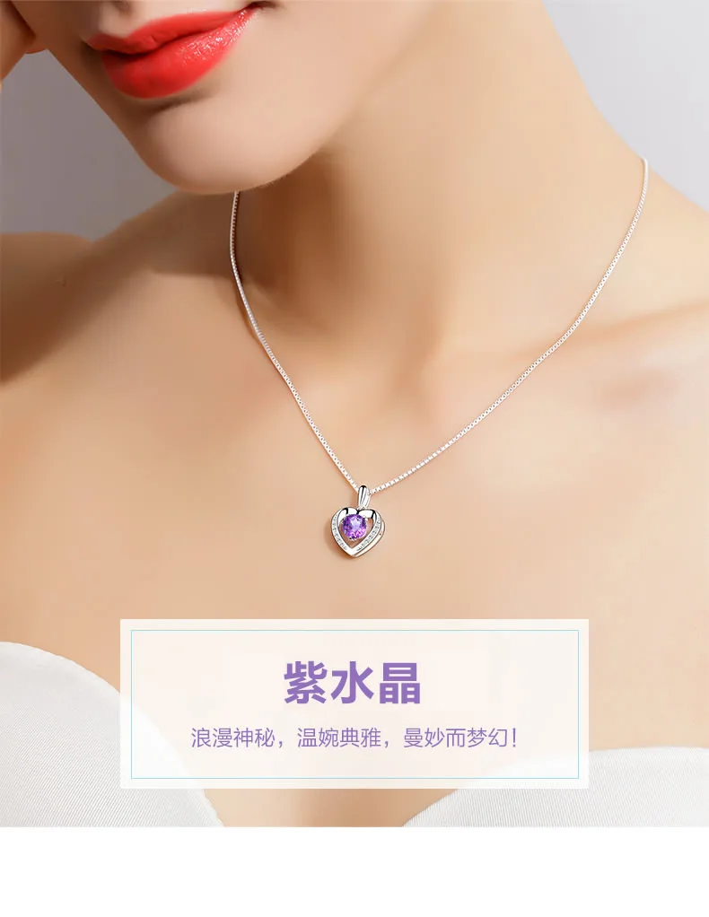 Amethyst Heart Shape 925 S Sterling Silver Necklace Women's Choker Heart Silver Pendant Fashion New Style