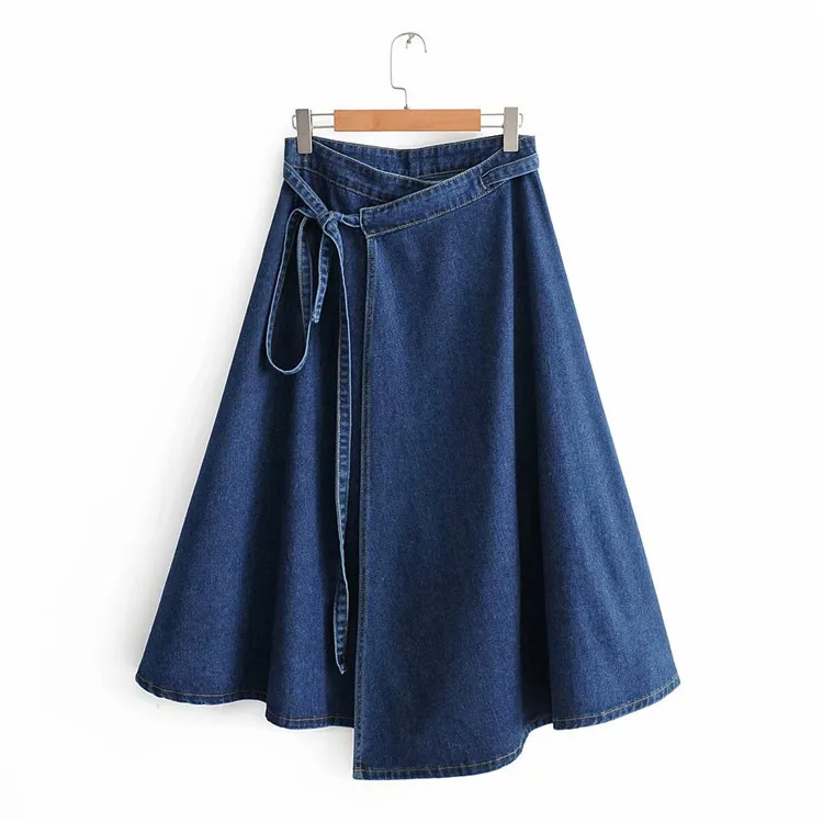 

Bc-9049 # WOMEN'S Dress Retro Solid Color Apron Adjustable Waist High-waisted A- line Mid-length Denim Skirt