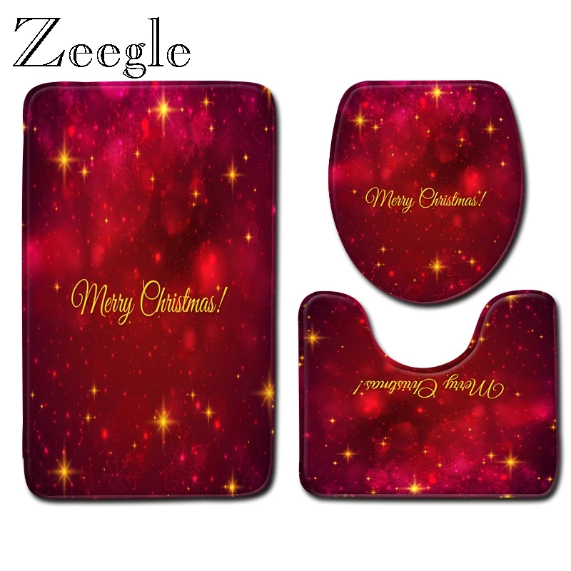 Zeegle Merry Christmas Mat Set for Bathroom Decoration Non-slip Toilet Lid Cover Mat Water Absorbent Floor Rug Carpet Doormat