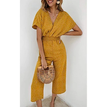 

2020 New FashionWomen Jumpsuits Rompers Summer Casual Print V-neck Pocket Overalls Jumpsuit Short Sleeve Wide Leg Loose Jumpsuit