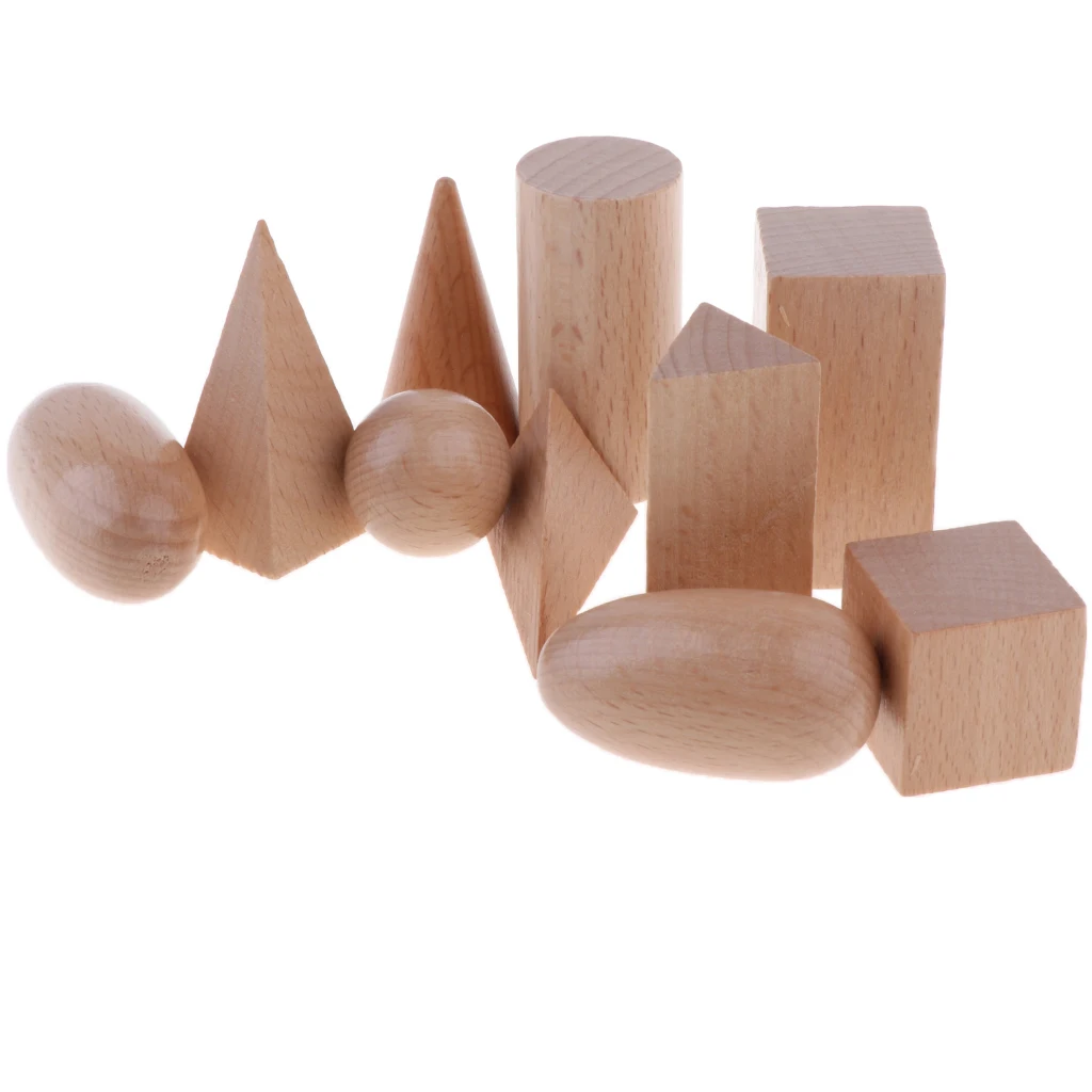 Geometric Solids Montessori Blocks - Set of 10 - Wooden 3D Shapes - Early Math Manipulative and Geometry for Kids
