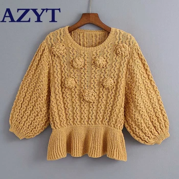 

AZYT Autumn New O Neck Sweater Jumpers 2020 3D Plush Ball Solid Women's Sweater Coat Fashion Lantern Sleeve Knitted Pullovers