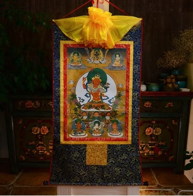 

FYH 85*48 cm 24 style Green Tara Four-armed Buddha blue Thangka Scroll paintings Silk embroidery painting