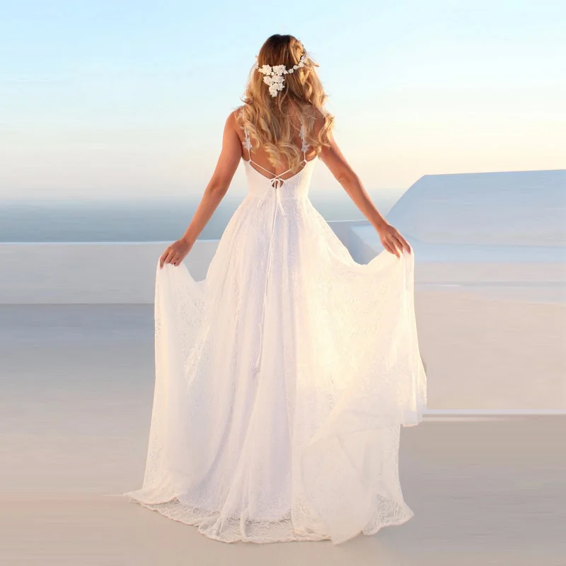 Eightree длинное кружевное пляжное свадебное платье на бретельках богемные Свадебные платья v-образный вырез платье для невесты без спинки плюс размер халат de soiree