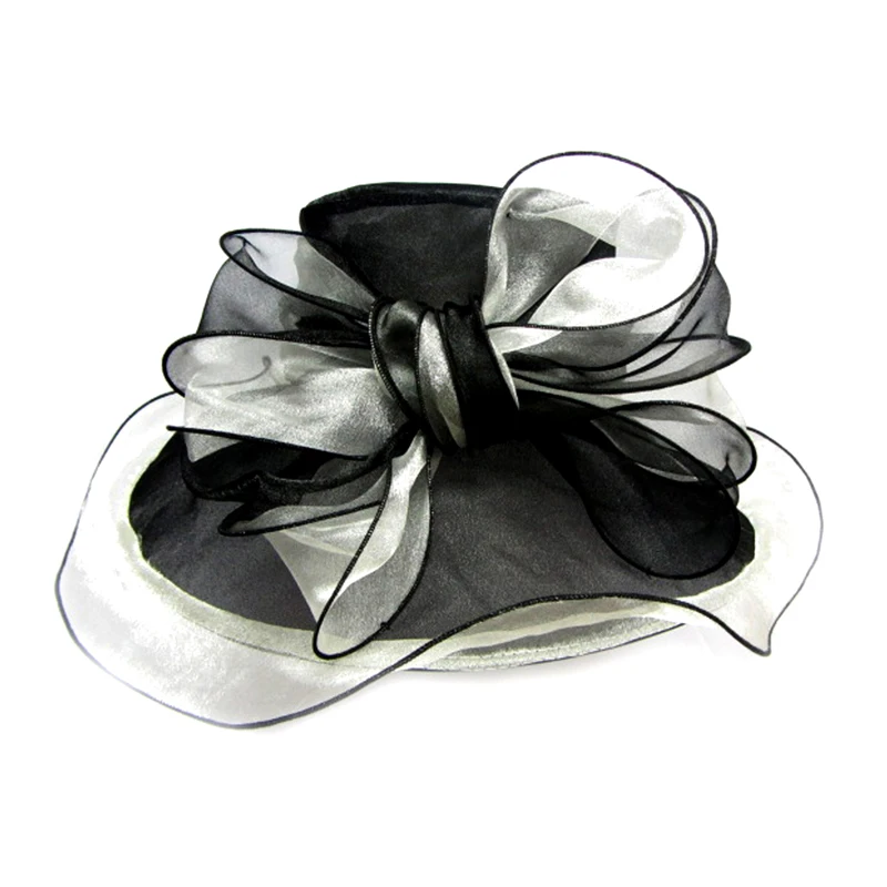 black-grey Женские шляпы из органзы с бантом и рюшами, летняя шляпа Кентукки, кепка Дерби, элегантная шляпа для женщин, S10-2967 - Цвет: black-grey