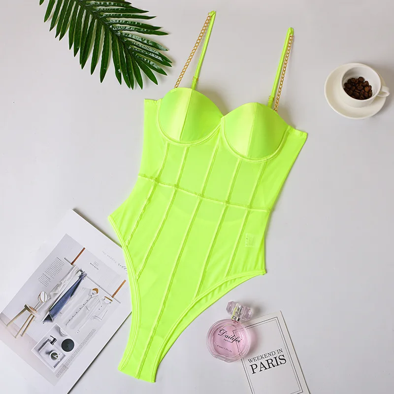 neon green Прозрачное черное боди с криптографической сеткой, с металлической цепочкой, на бретелях, с открытой спиной, сексуальное облегающее боди, модный клубный, вечерние - Цвет: neon green