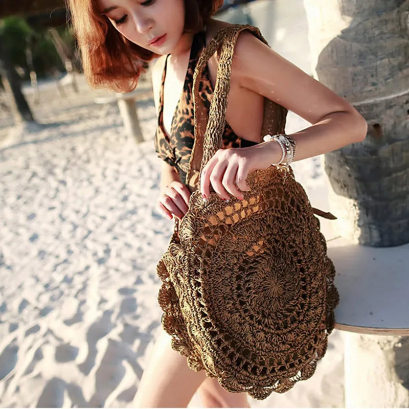 

New Spring and Summer Fashion Paper Rope Crochet Big Flowers and Plants Woven Bag Beach Bag Handbag Art Women's Shoulder Bag