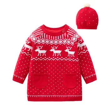 

Autumn Winter Long Sleeve Toddler Girls Dress Costumes Red Reindeer Knit Infant Party Princess Outfits Casual A-Line Full Sleeve
