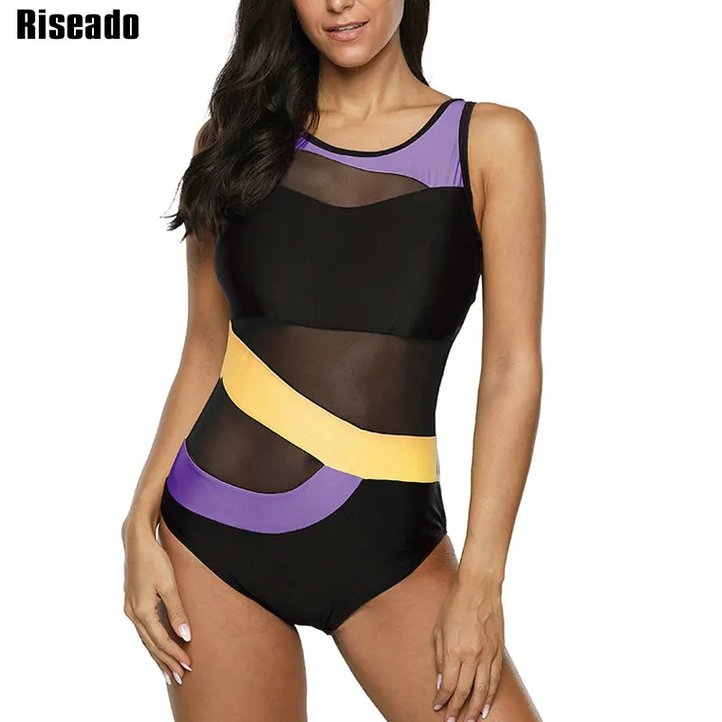 

Riseado Transparent Swimsuit One Piece Patchwork Swimwear Women 2020 Sexy Bathing Clothes Mesh Bath Suit Backless Beach Wear