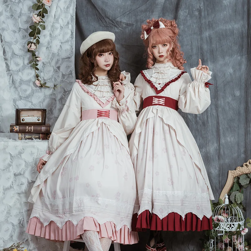 

Lolita Mirror flower Palace Temperament Sweet Standing collar Lolita Women Retro Bowknot Ruffle Lace Tied OP Long Sleeve dress