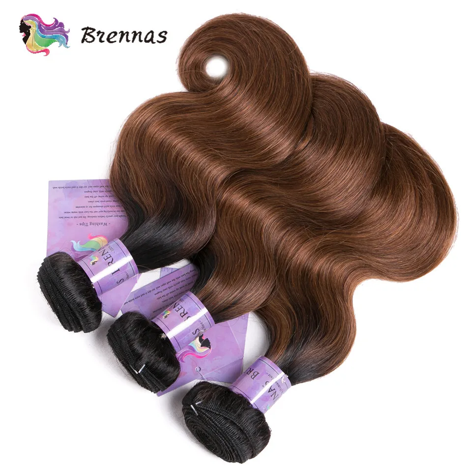 Brennas Body Wave Ombre Hair 3 Bundles Human Hair Bundles With Closure 1b/30 Brazilian 8-26'' Remy Hair Extensions Middle Ratio