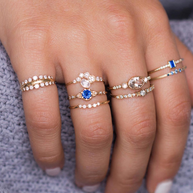 Crystal Geometry Knuckle Finger Ring Set For Women Eye Flower Leaves Charm Chain Rings Female Bohemia Jewelry