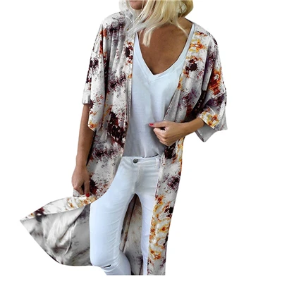 Модные женские длинные кимоно кардиган свободные летние цветочные печати Блуза с рукавами-клеш с коротким рукавом Кардиган Топы blusas mujer - Цвет: Белый