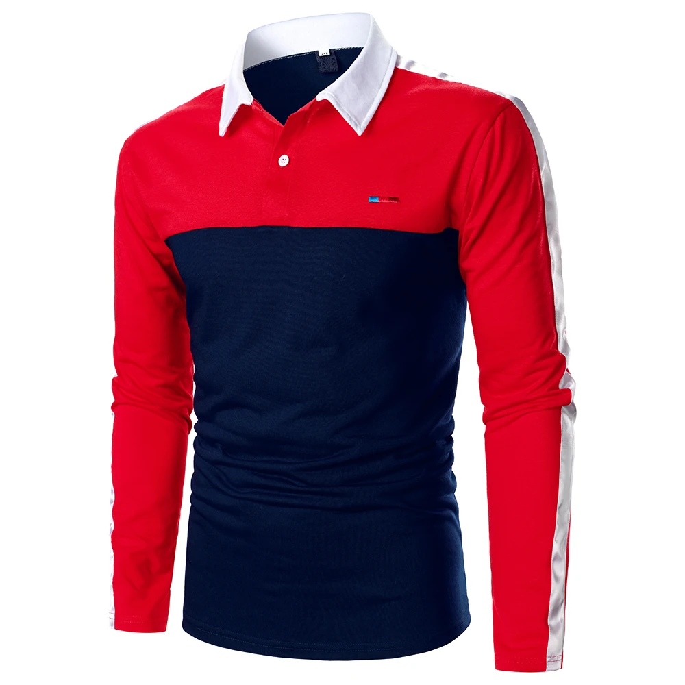 Men Long Sleeve Polo Shirt Two Colors Splicing Embroidery Design Autumn