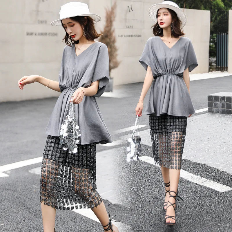 

Fashion Debutante Dress Outfit 2019 Summer New Products Slimming Korean-style Loose Short Sleeve Liangsi Gauze Midi-skirt Two-Pi