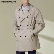 INCERUN мужской классический Тренч Верхняя одежда двубортный однотонный с длинным рукавом модный британский стиль куртки мужские s пара длинные пальто