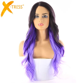 

Green Blue Ombre Color Long Wavy Synthetic Hair Wigs For Women X-TRESS Heat Resistant Fiber Glueless Lace Part Wig With Bangs