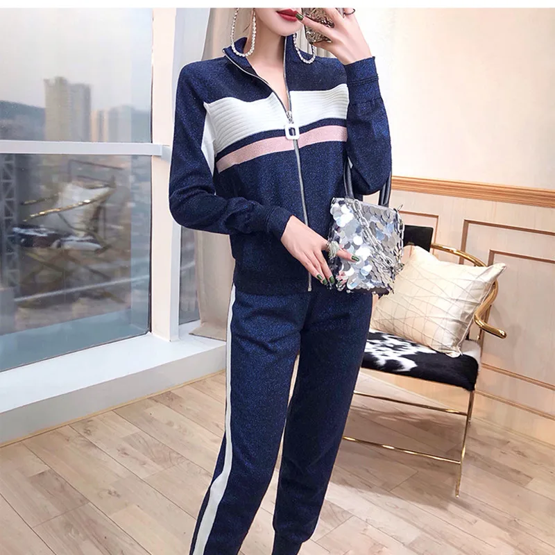 co ord sets women Spring New Casual Knit Sweashirt Zipper Cardigans and Trouser Two piece set Women Blue/Pink/Gray Long Sleeve Knit Coat Suit two piece sets Women's Sets