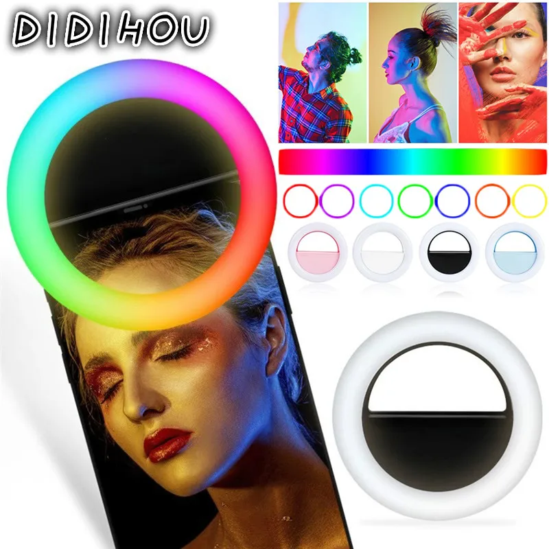 

Rechargable RGB LED Ring Mobile Phone Selfie Ring Flash Lens 3-level Brightness Fill Light Lamp Clip-on For Smartphone Light