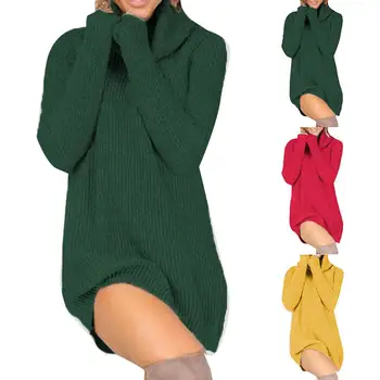 

Chic Women Turtle Neck Long Sleeve Solid Color Loose Knitted Sweater Mini Dress