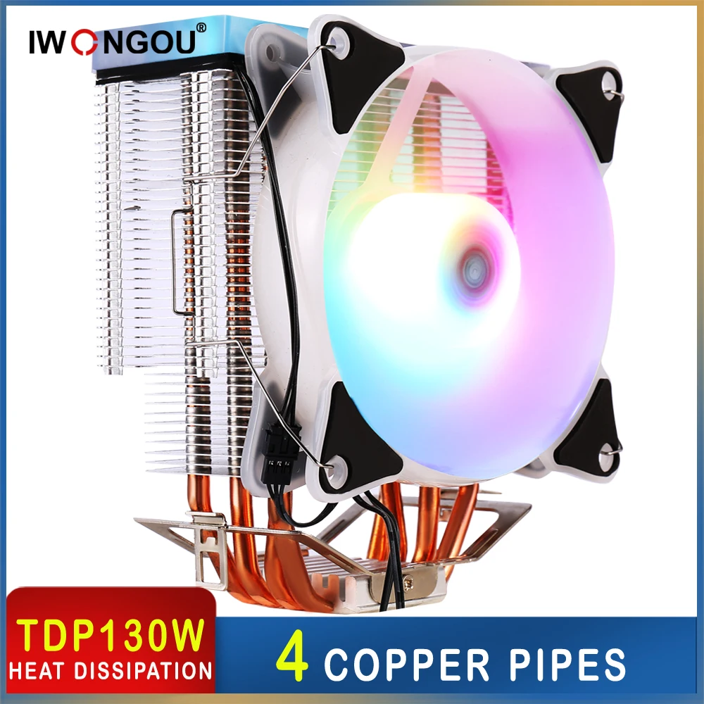 Кулер для процессора IWONGOU 4 теплоотвода Intel Lga 2011-V3/2011/1366/1151/1150 AMD AM4/AM3 +/AM2 + 120 мм RGB